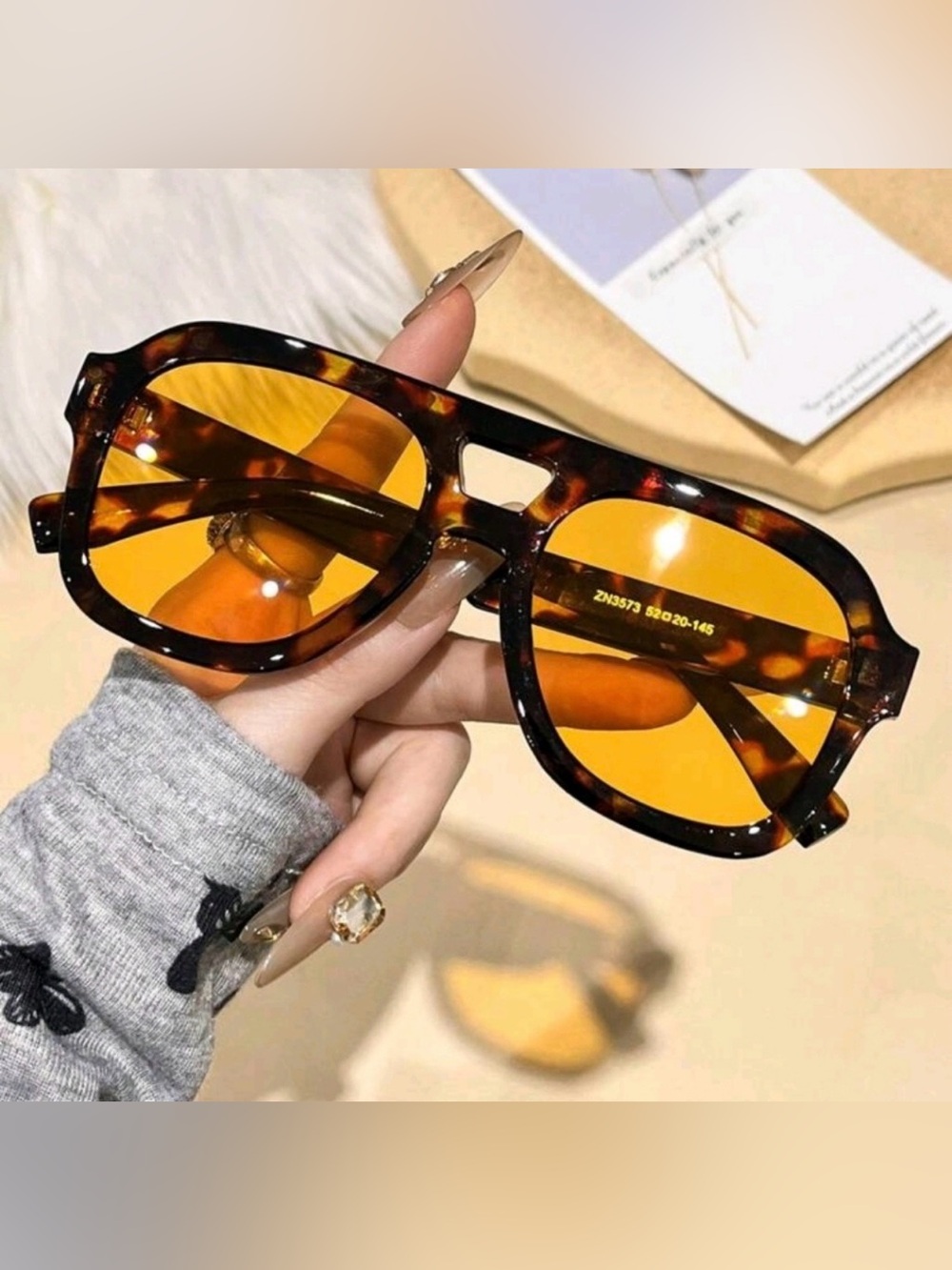 Tortoise Shell Sunglasses With Orange Lenses New Aviator Chunky Bold Unique - Picture 2 of 9